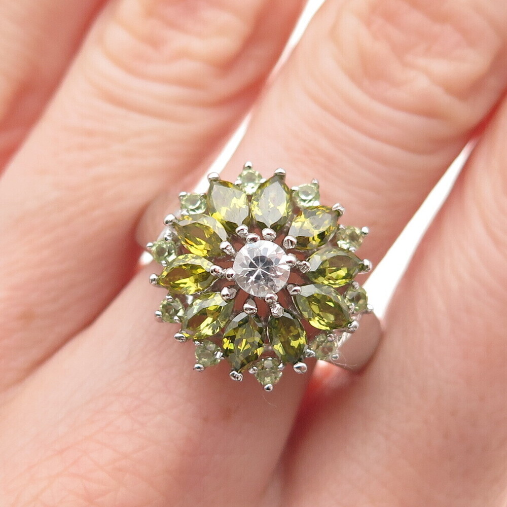 925 Sterling Silver Marquise & Round-Cut Green White C Z Ring Size 8